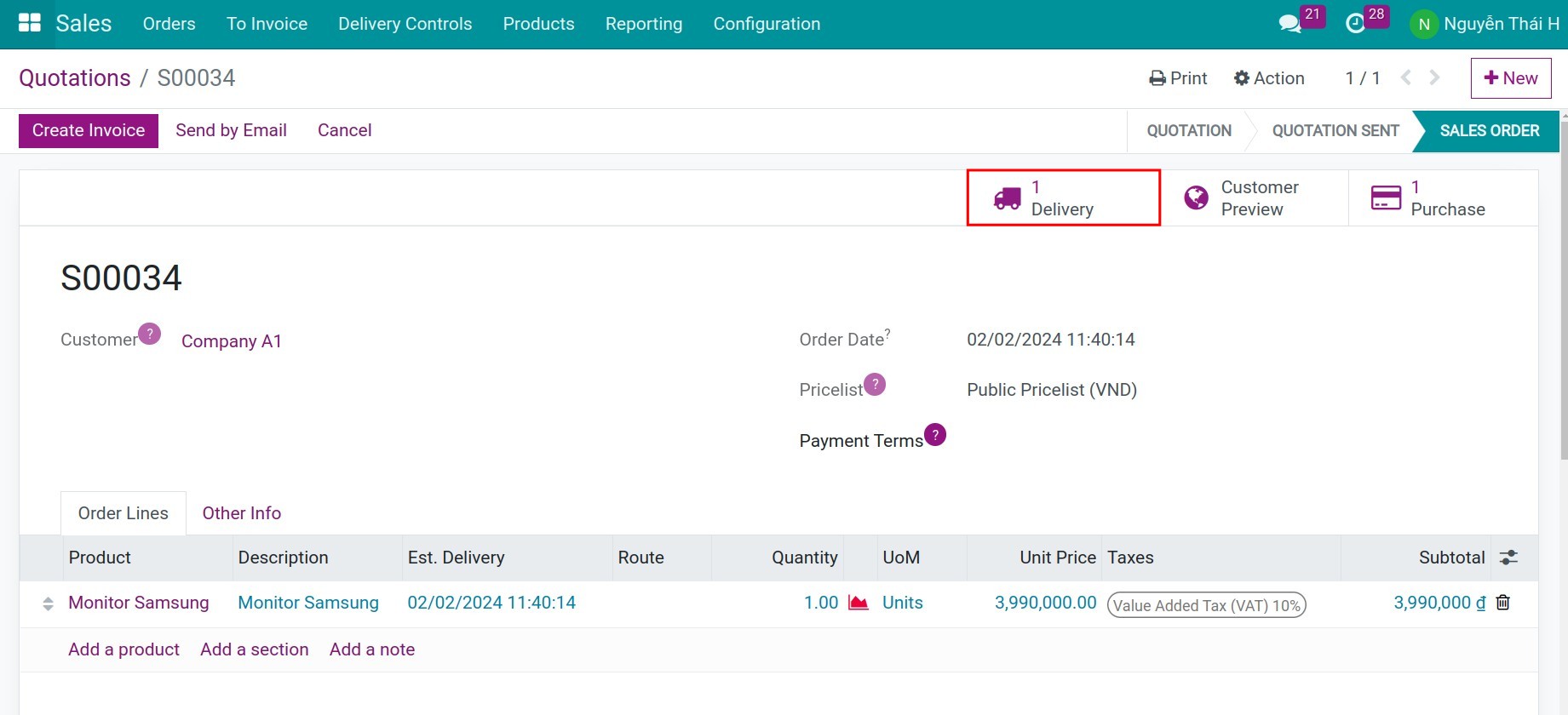 Delivery button Sales order Viindoo