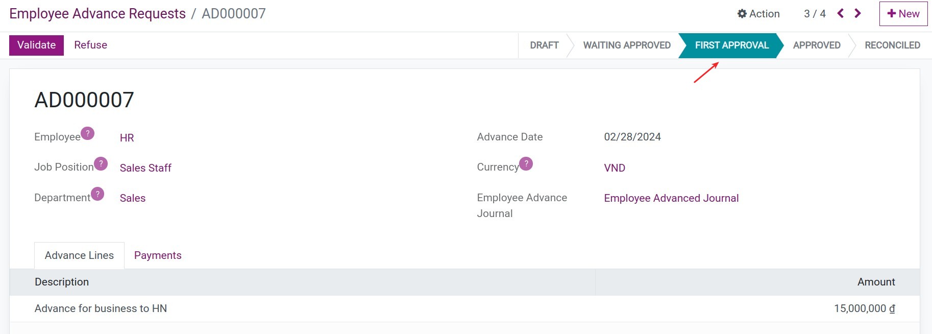 The advance request on the First Approval state.