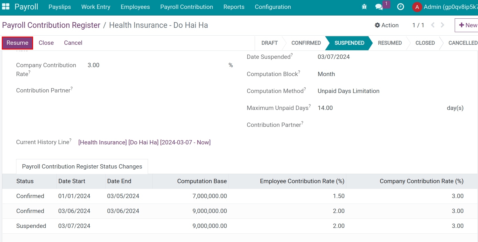 Resume button in the suspended record