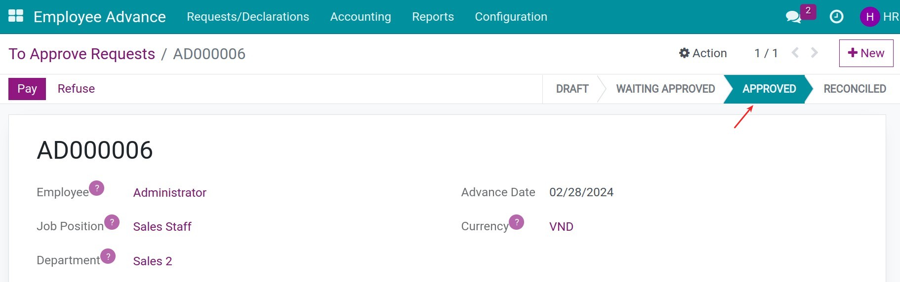 The Advance request on the Approved state