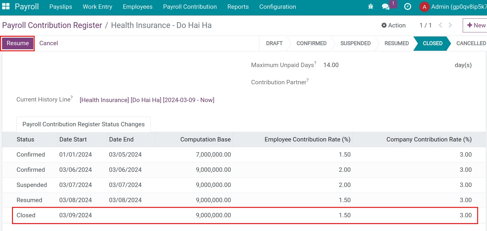 Resume a closed record of insurance contribution registration