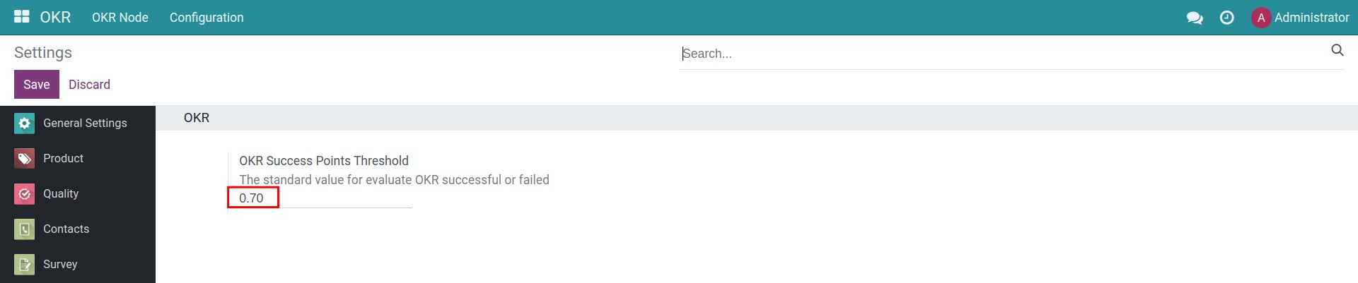 Set up default OKR success point threshold in Viindoo