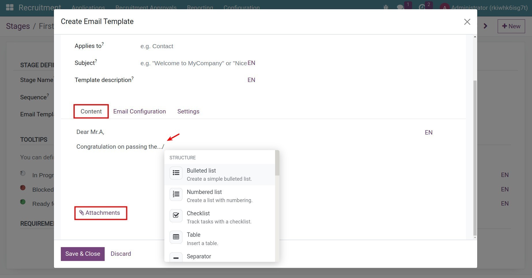 Tạo mẫu email tab nội dung, đính kèm
