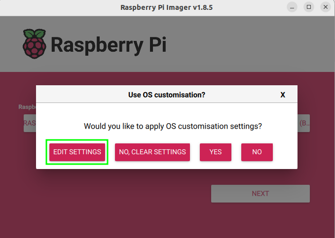 Select Edit Settings to configure initial parameters