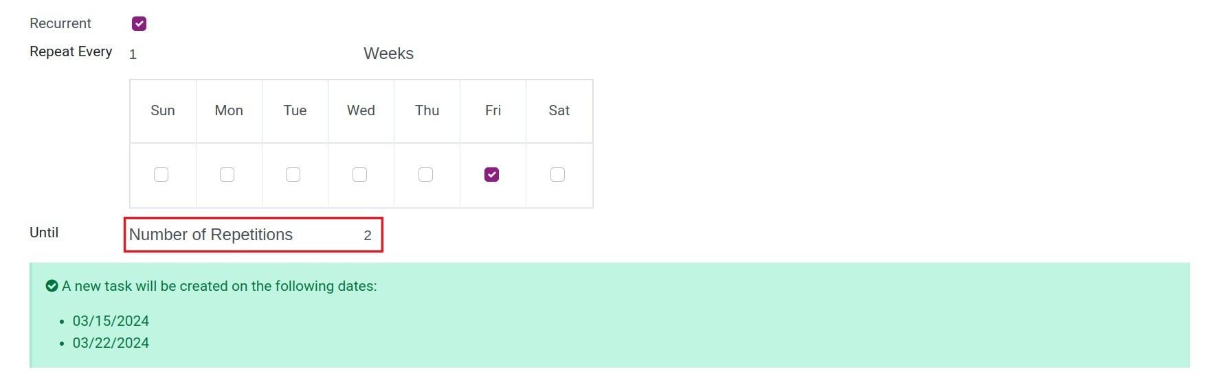 Set the number of occurrences for the task