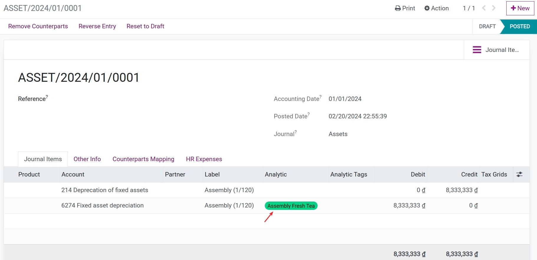 Analytic account in Assets Viindoo
