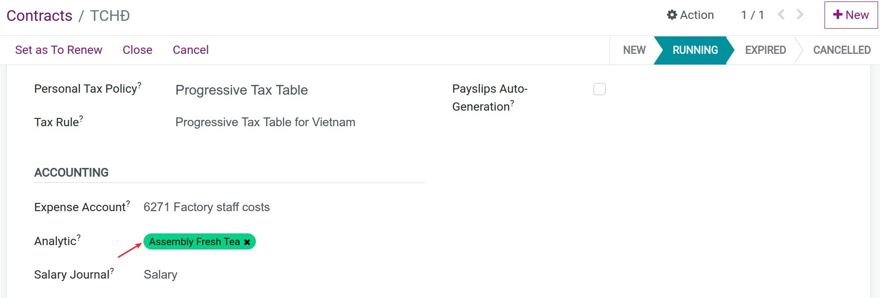 Analytic account in employee contract Viindoo