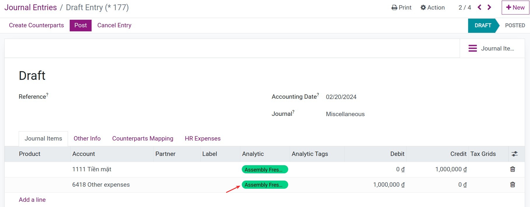 Analytic account in Journal Entries Viindoo