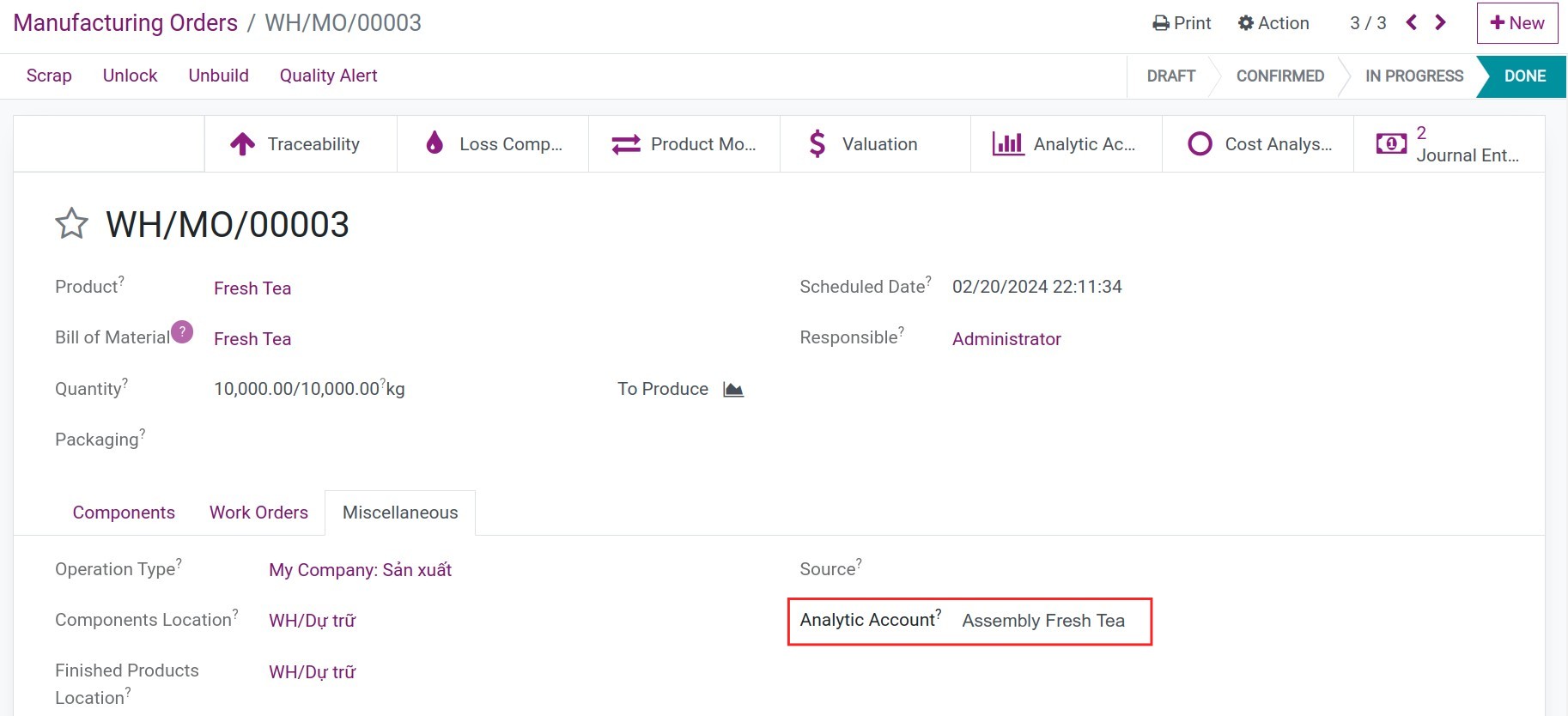 Analytic account in manufacturing orders Viindoo