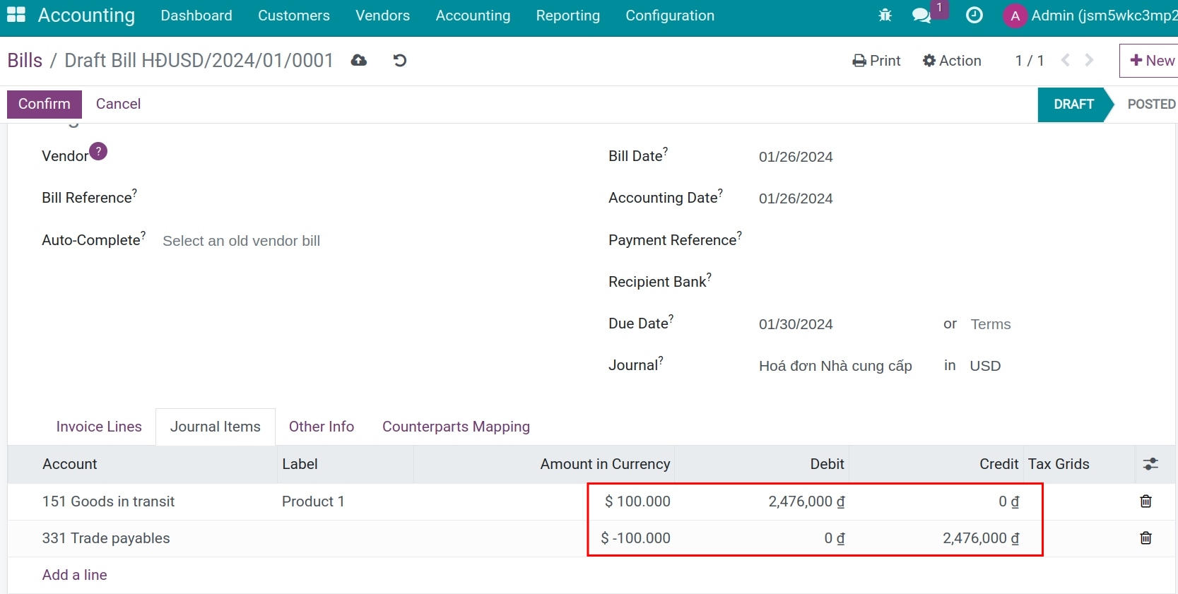 Exchange rate in vendor bills Viindoo
