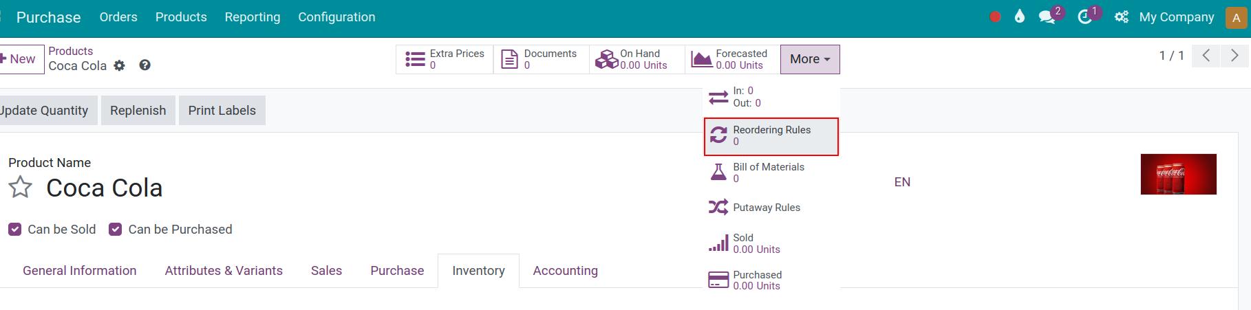 Access reordering rules of a product in Viindoo