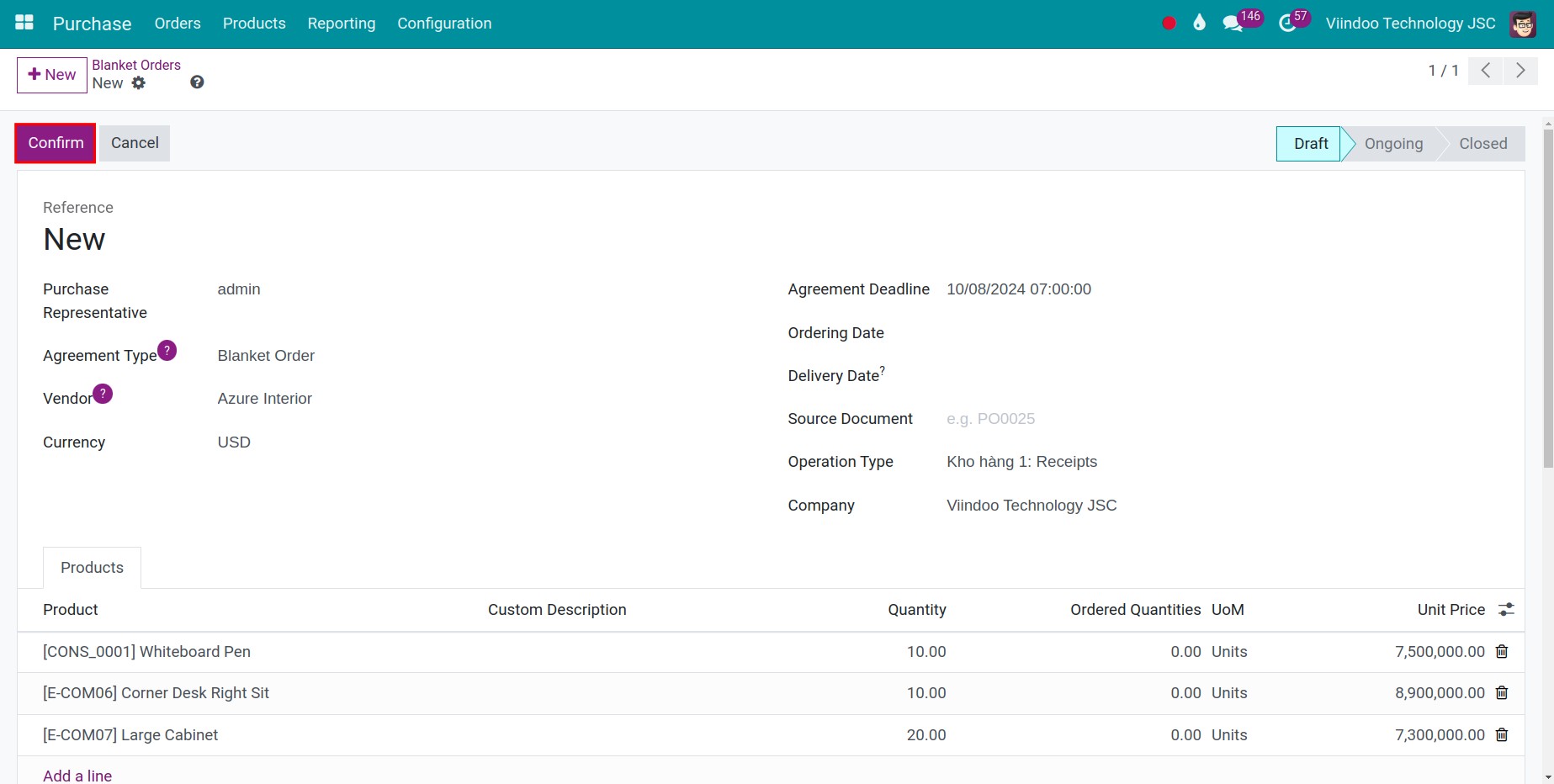 Create a new Purchase agreement with the type as Blanket order in Viindoo