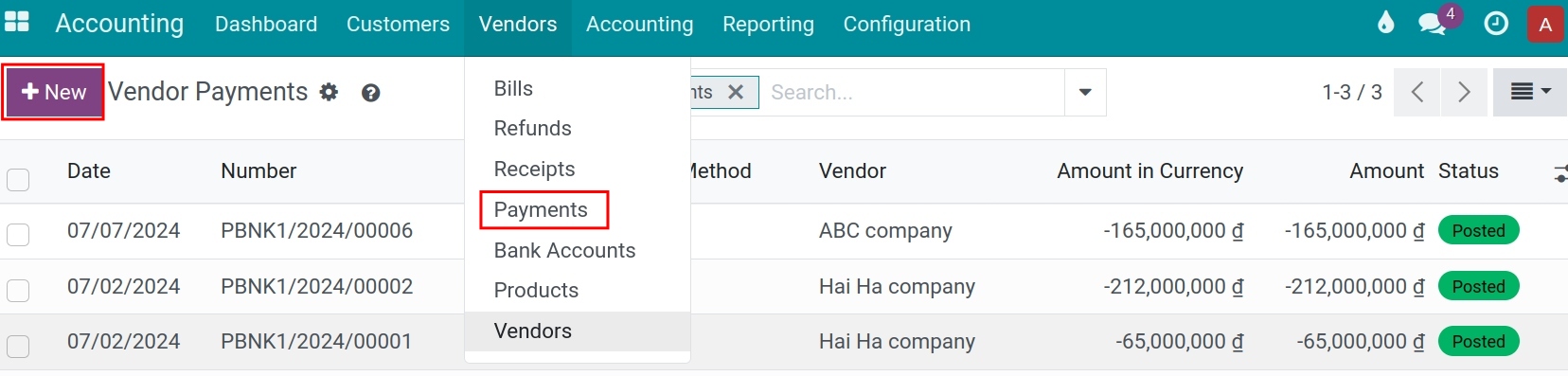 Internal transfer - dashboard - Viindoo Accounting app