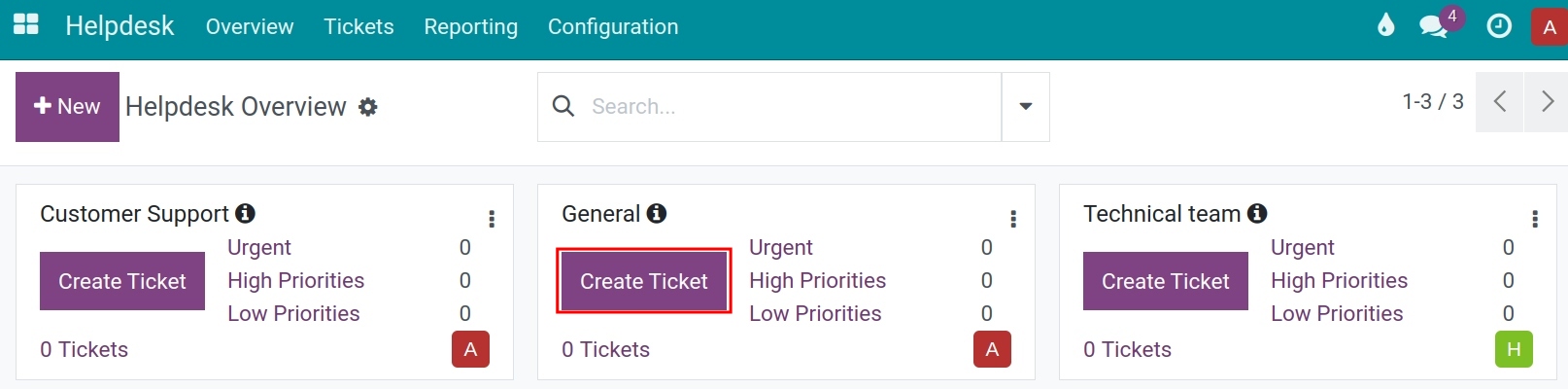 Create tickets from the main dashboard