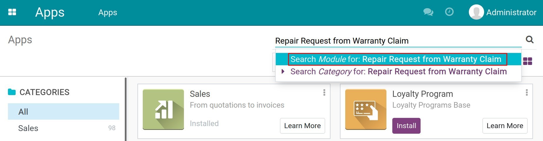 Search the Warranty and Repairs integration app