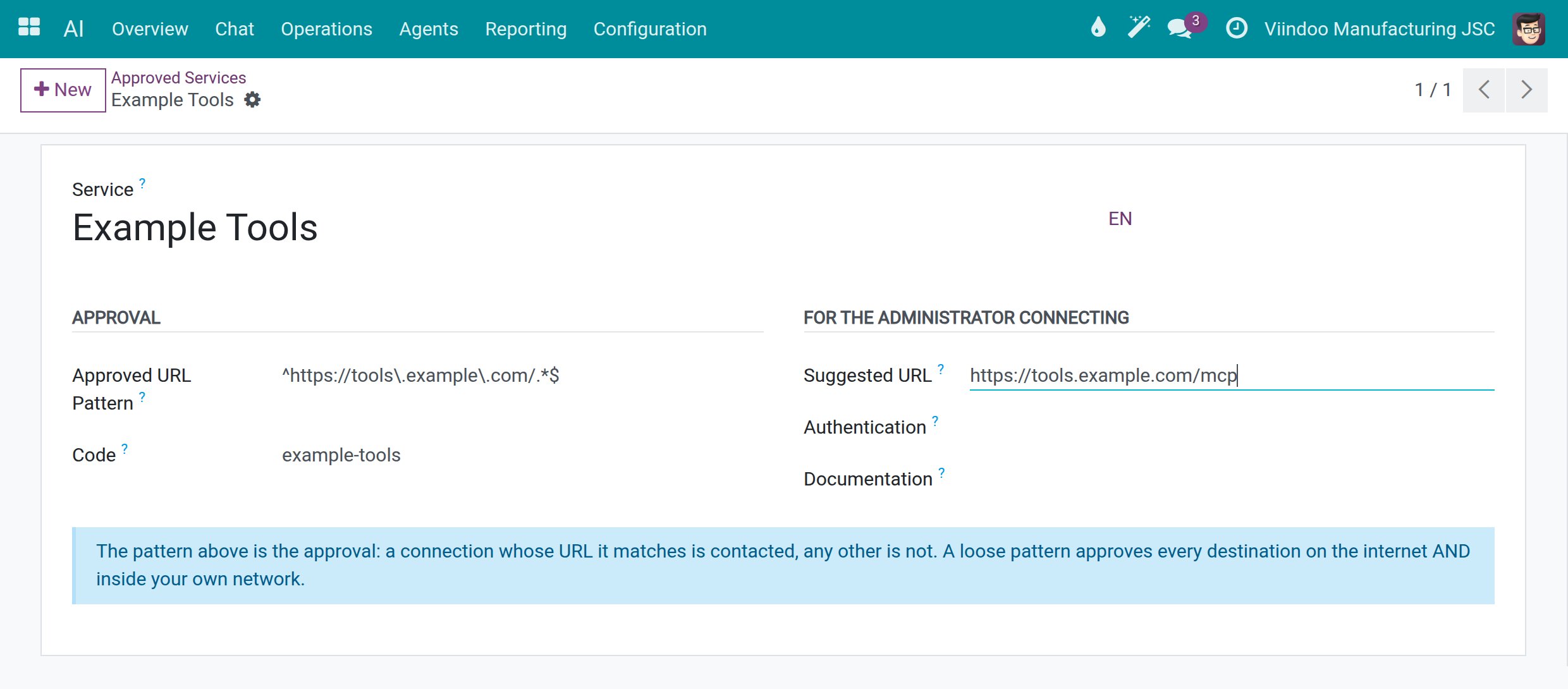 An approved service with its approved URL pattern, code and suggested URL