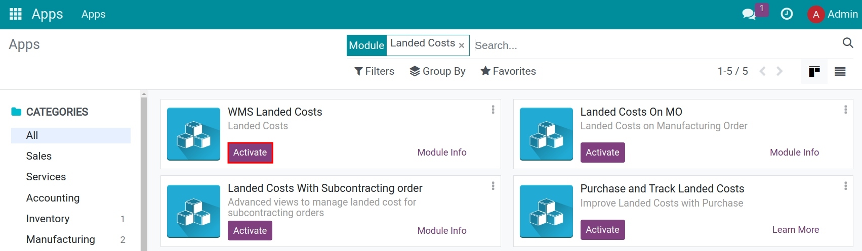 Install module Landed costs - Viindoo Accounting
