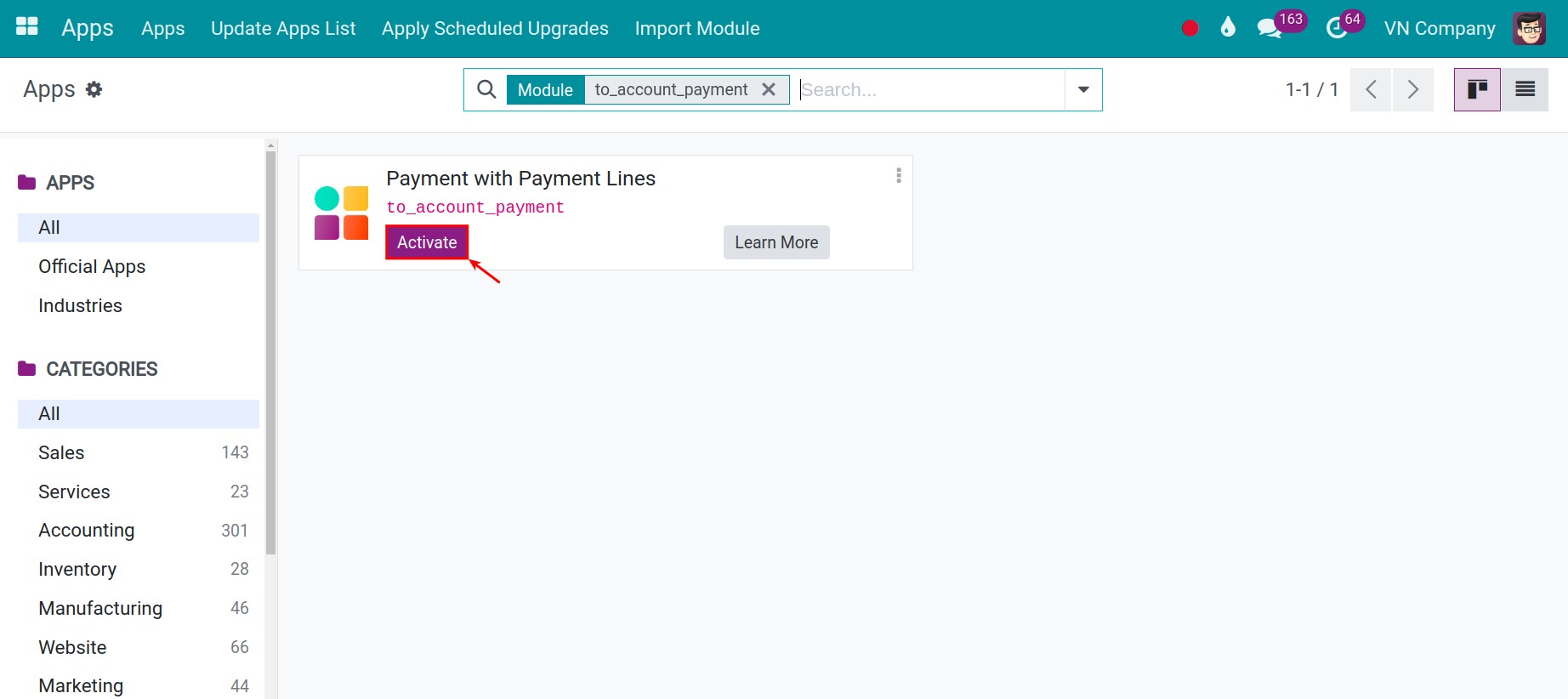 Install module payment with payment lines - Viindoo Accounting