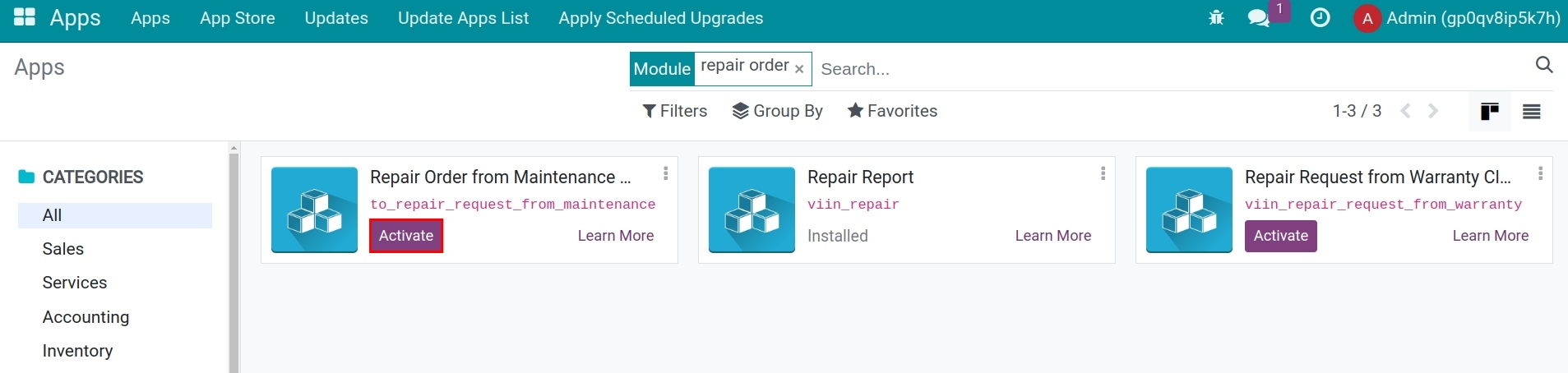 Search for the Repair orders from Maintenance request module