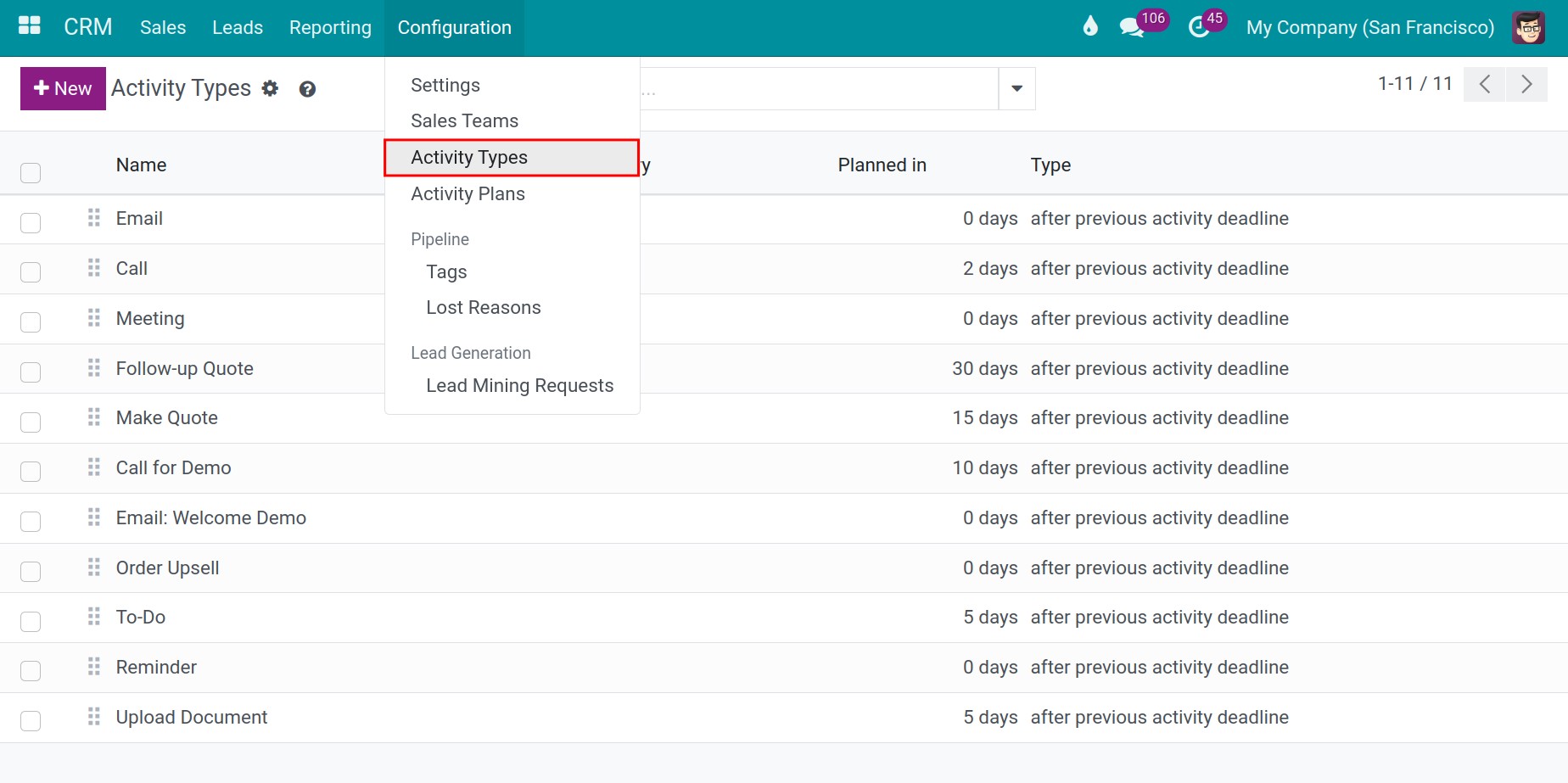 Activity Types menu crm Viindoo