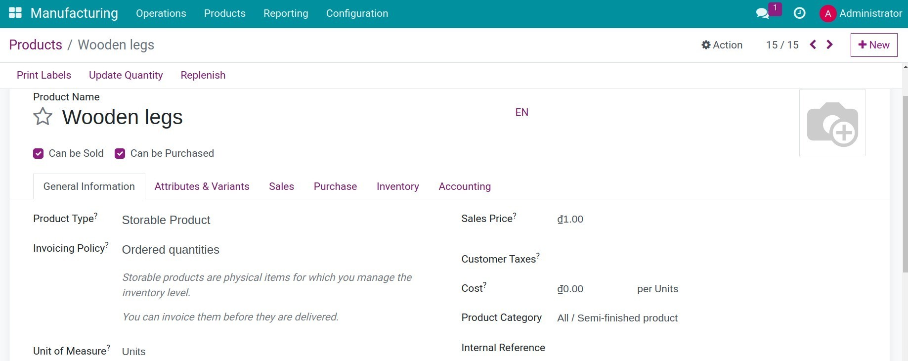 Configure general information for Semi-finished product