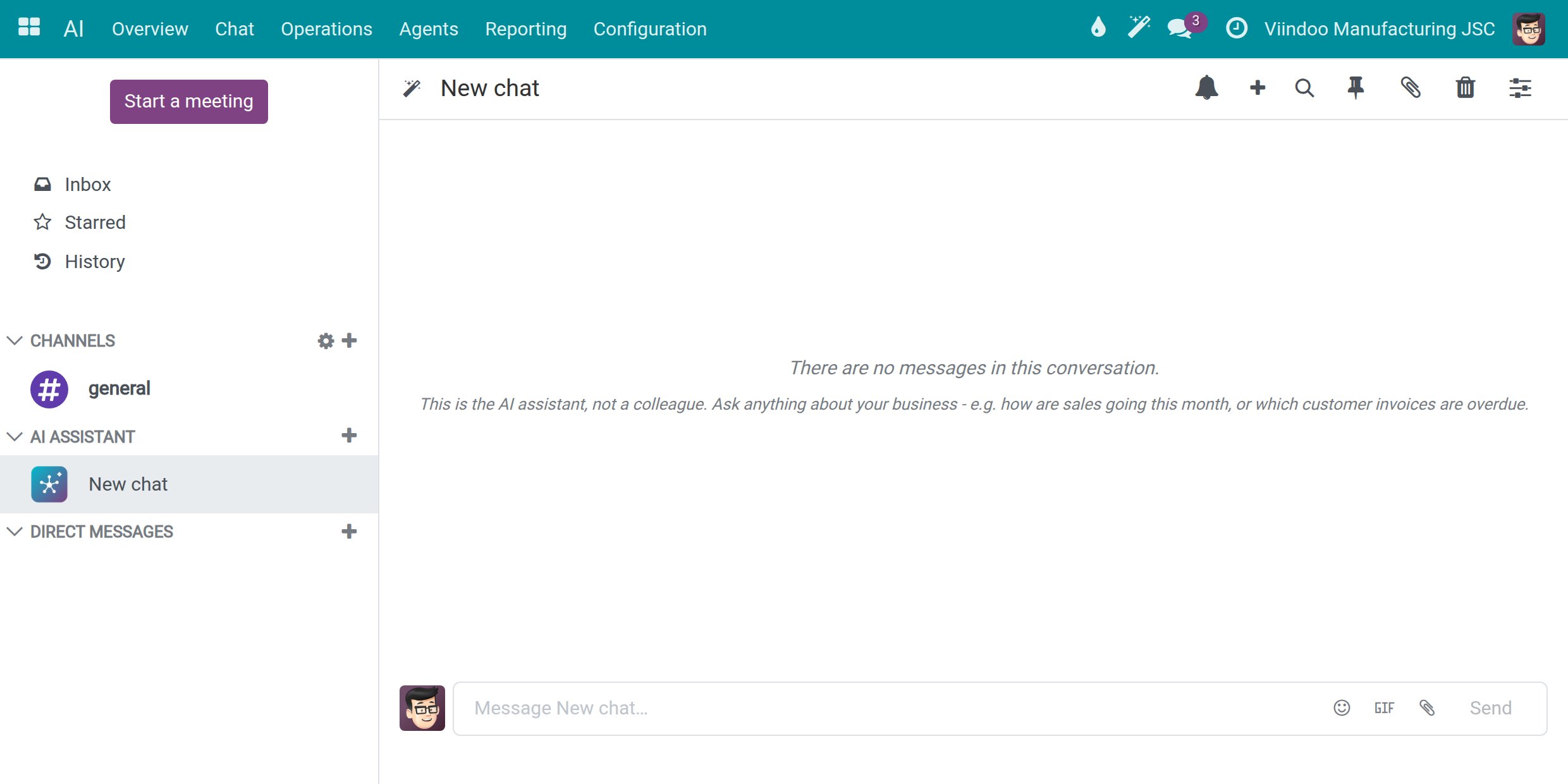 A new empty AI conversation with the hint that this is the AI assistant and not a colleague