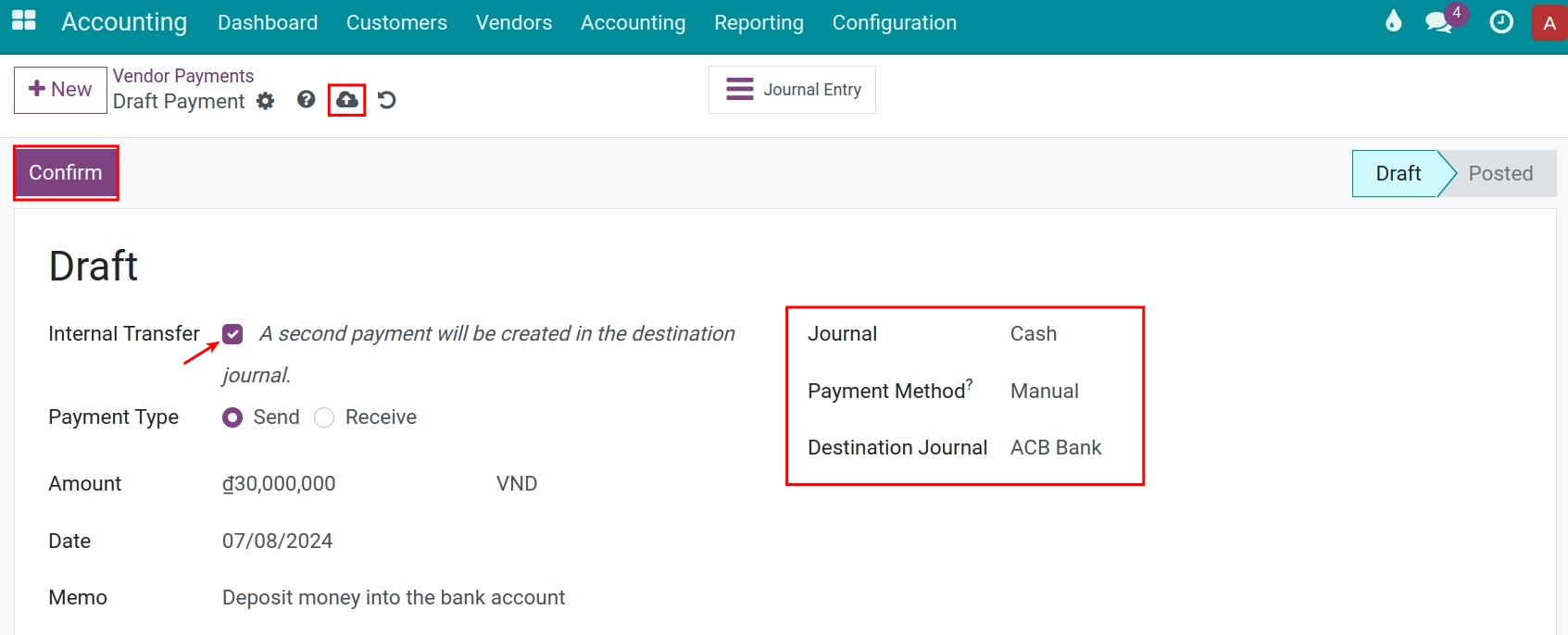 Disburse cash to deposit