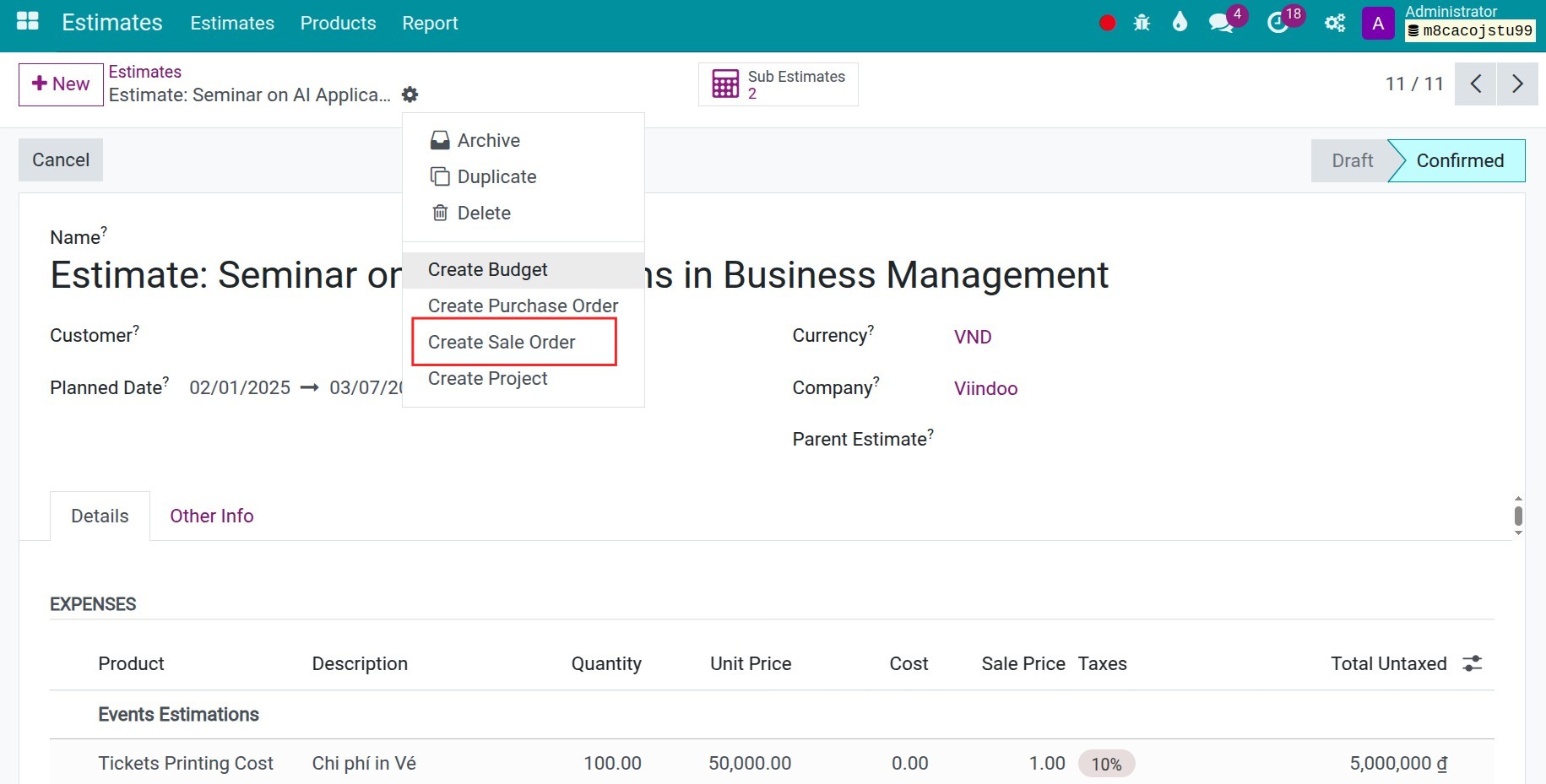 Create sales order from estimate