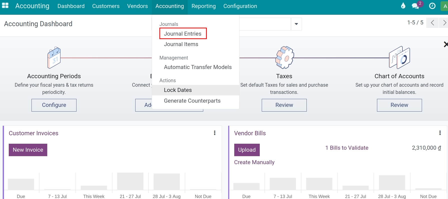 Journal entries list in Viindoo Accounting