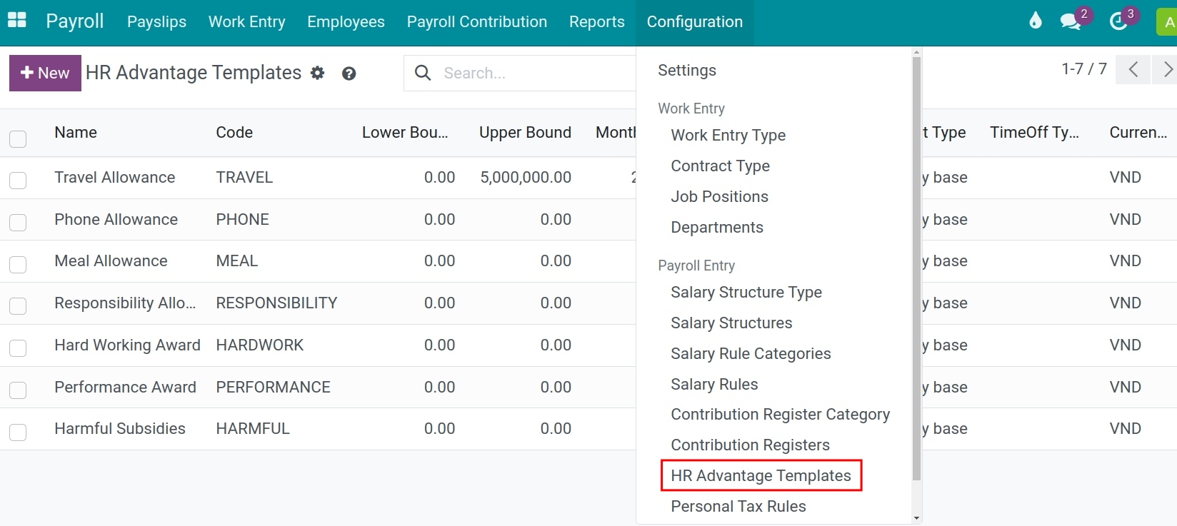 HR advantage templates list in Viindoo Payroll app