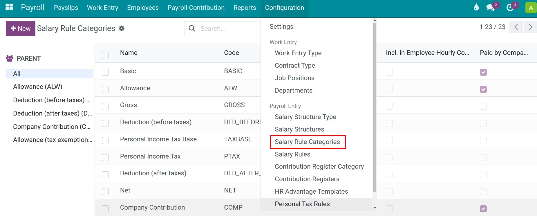 List of salary rules payroll Viindoo