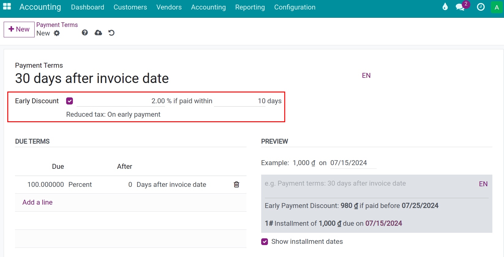 Configure Payment term - Viindoo Accounting software
