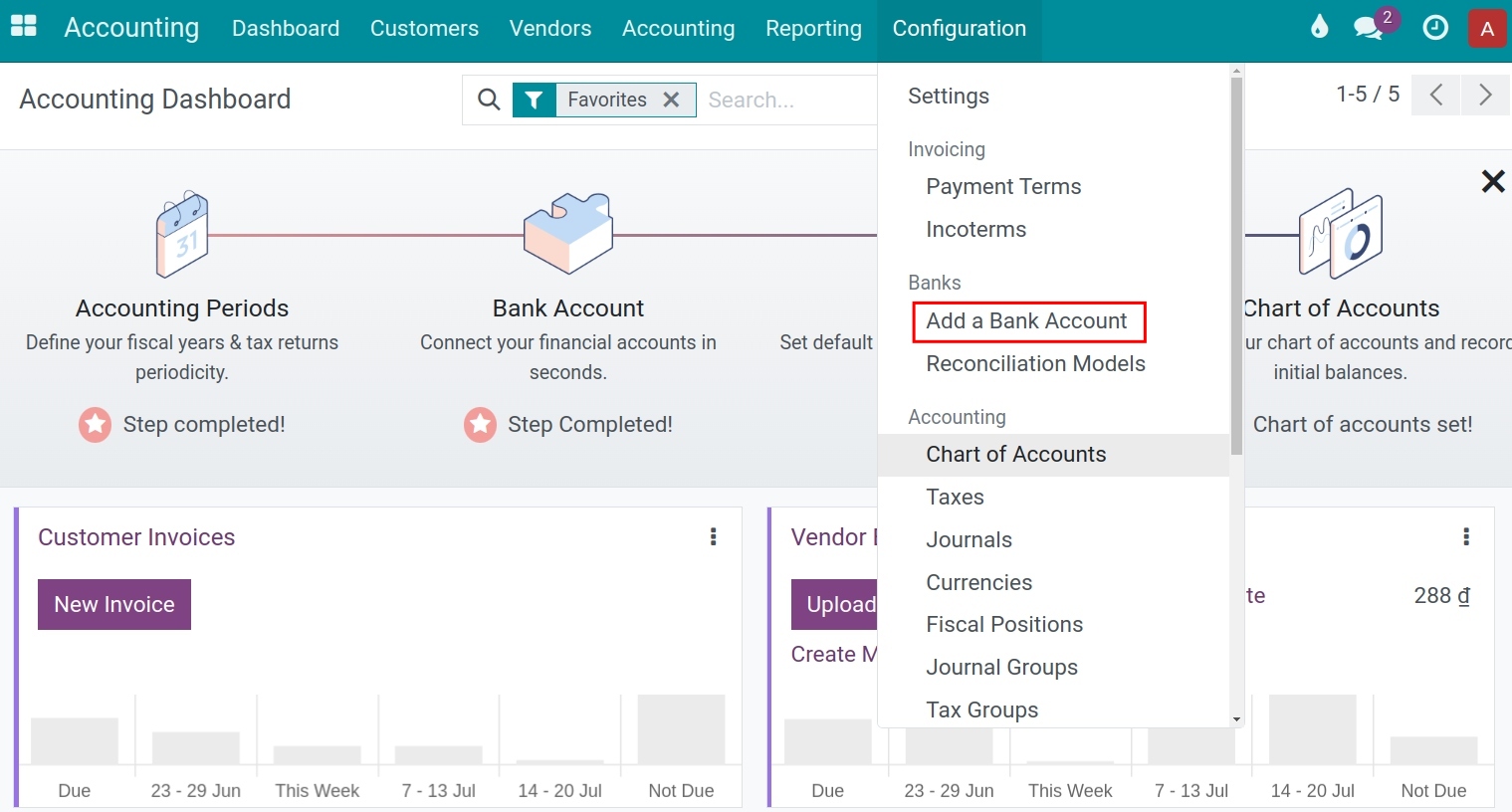 Navigation to create a bank account - Viindoo accounting software