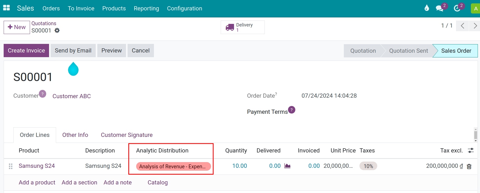 Add an analytic account to a sales order - Viindoo Accounting app