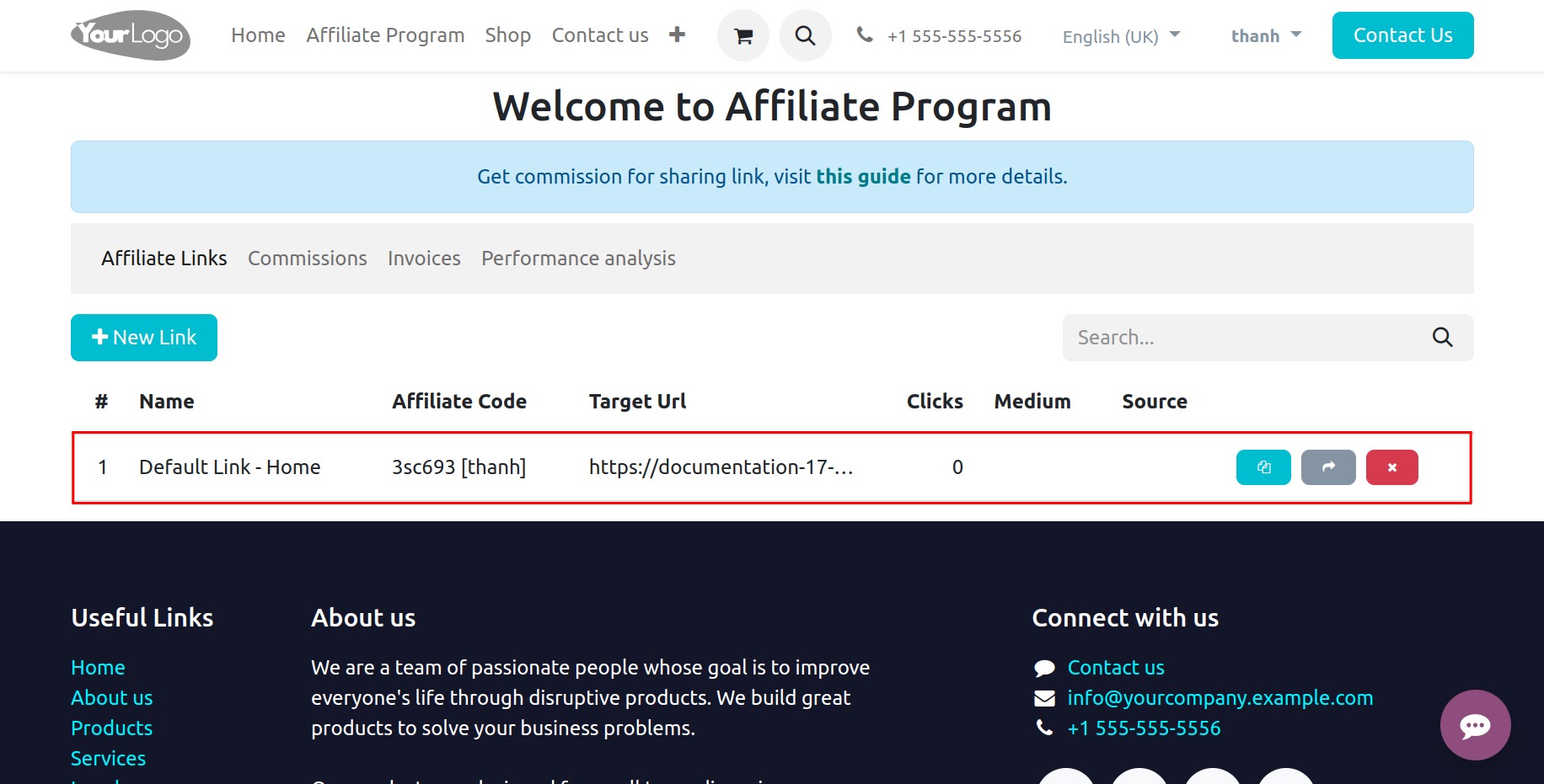 Interface after registering as an affiliate