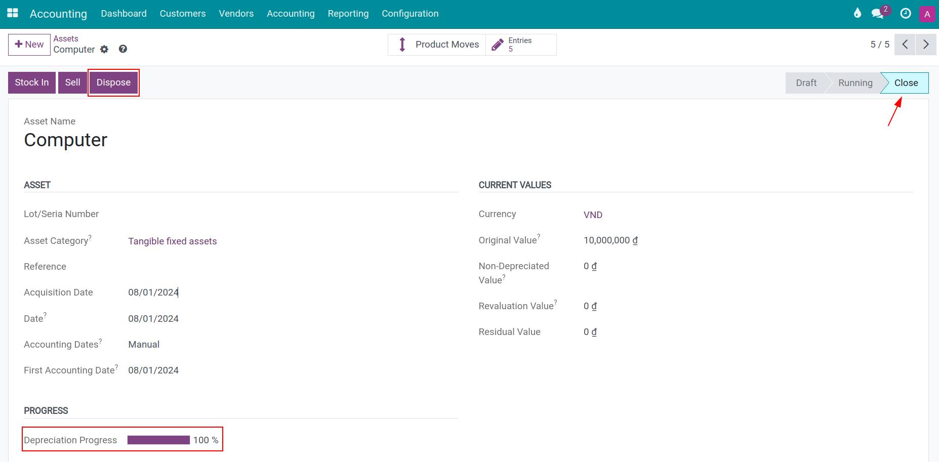 Dispose an asset view in Viindoo