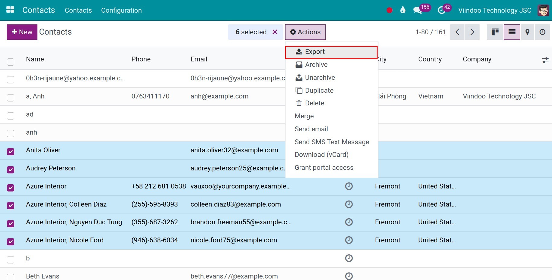 Viindoo user interface of exporting data