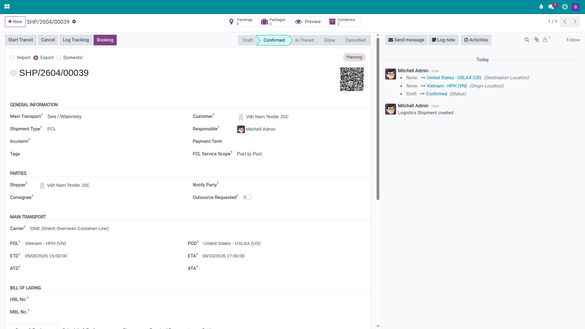 Confirmed shipment header showing the Booking button to create a new booking.