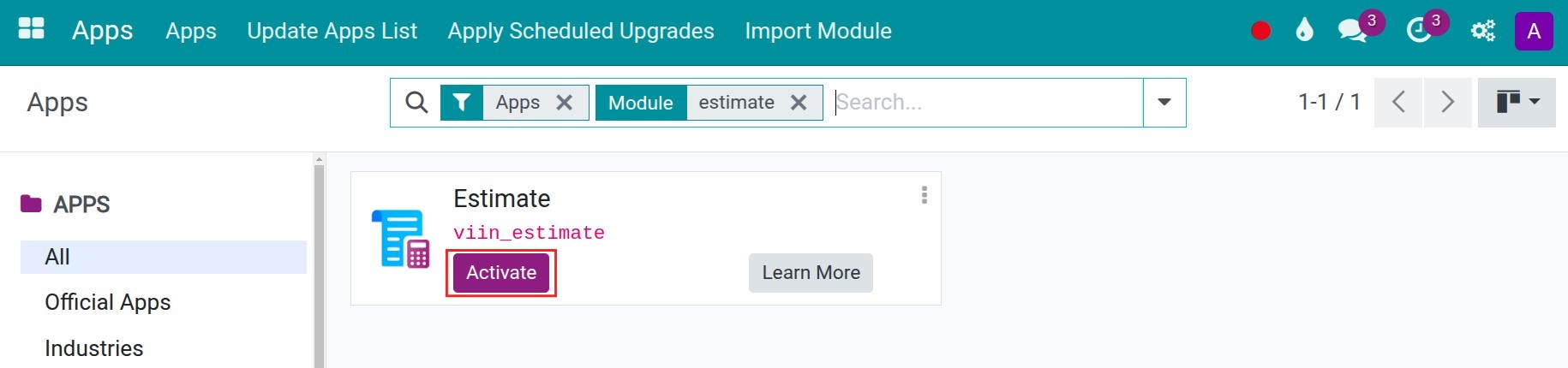 Install Estimate app in Viindoo