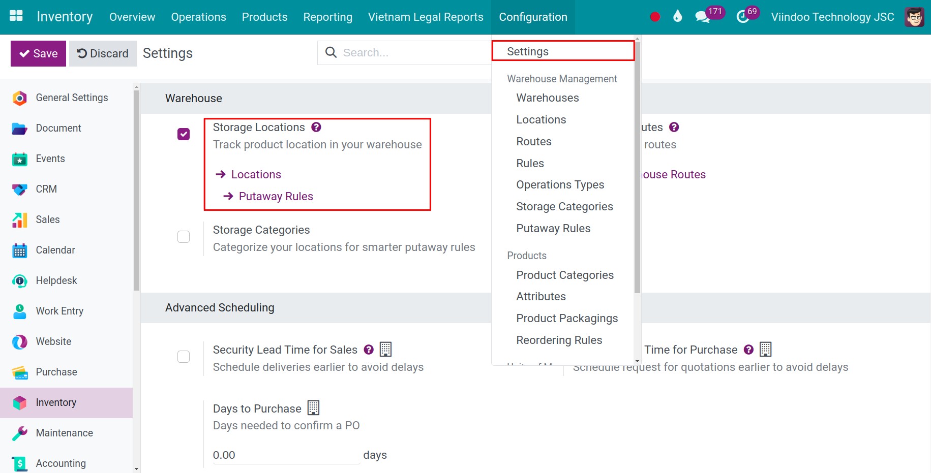 Storage location feature activation Inventory Viindoo