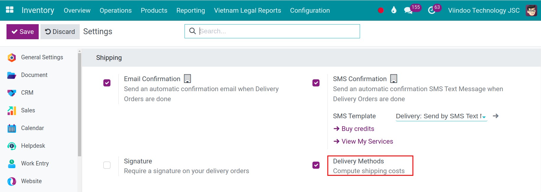 Activate Delivery Methods in Viindoo Inventory management software