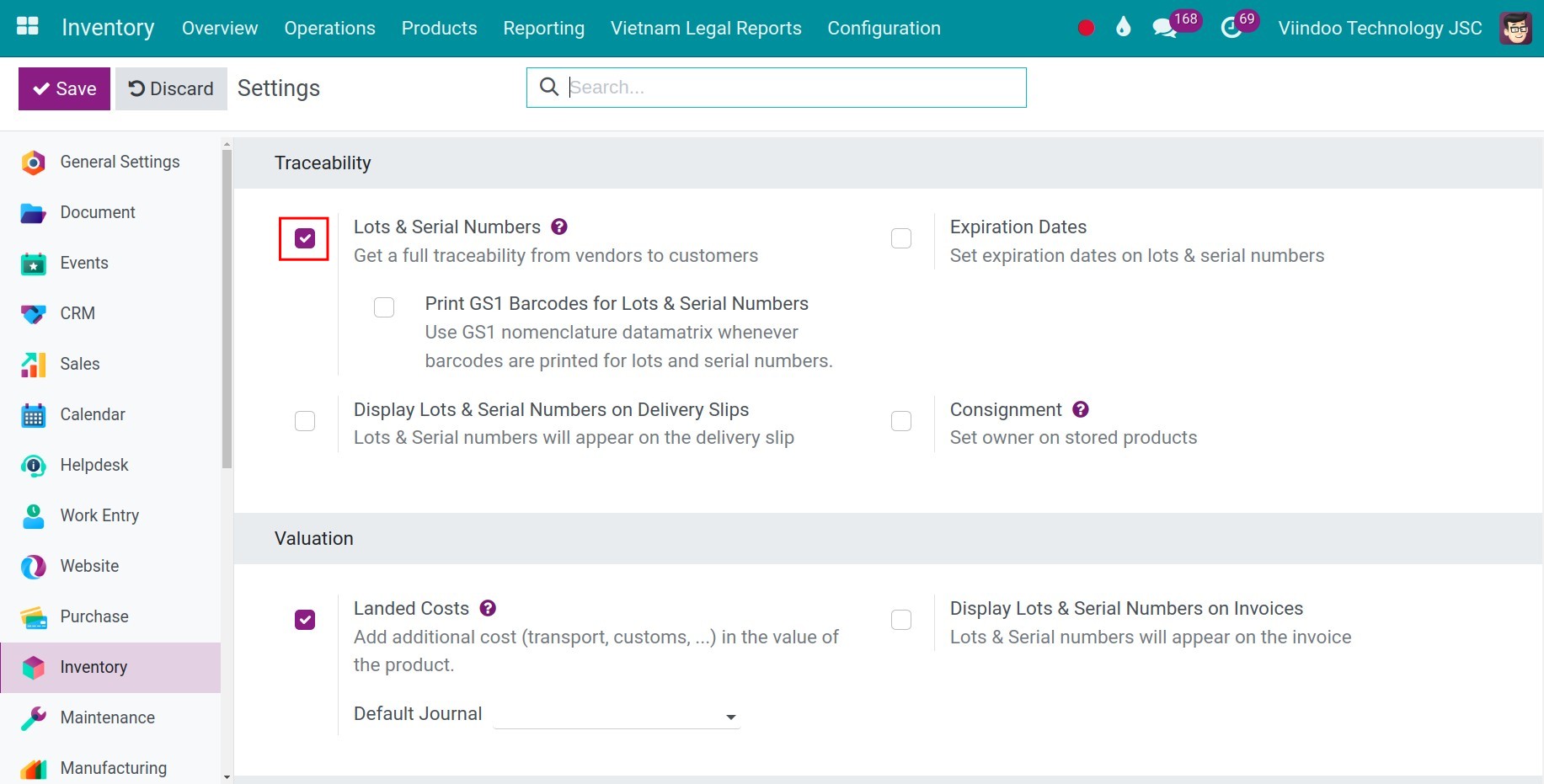 Activate Lots & Serial Numbers feature