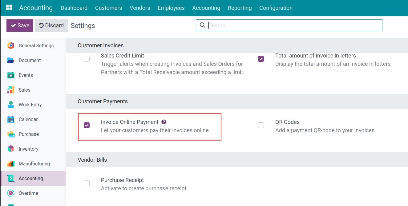 Activate online payment feature - Viindoo Accounting software