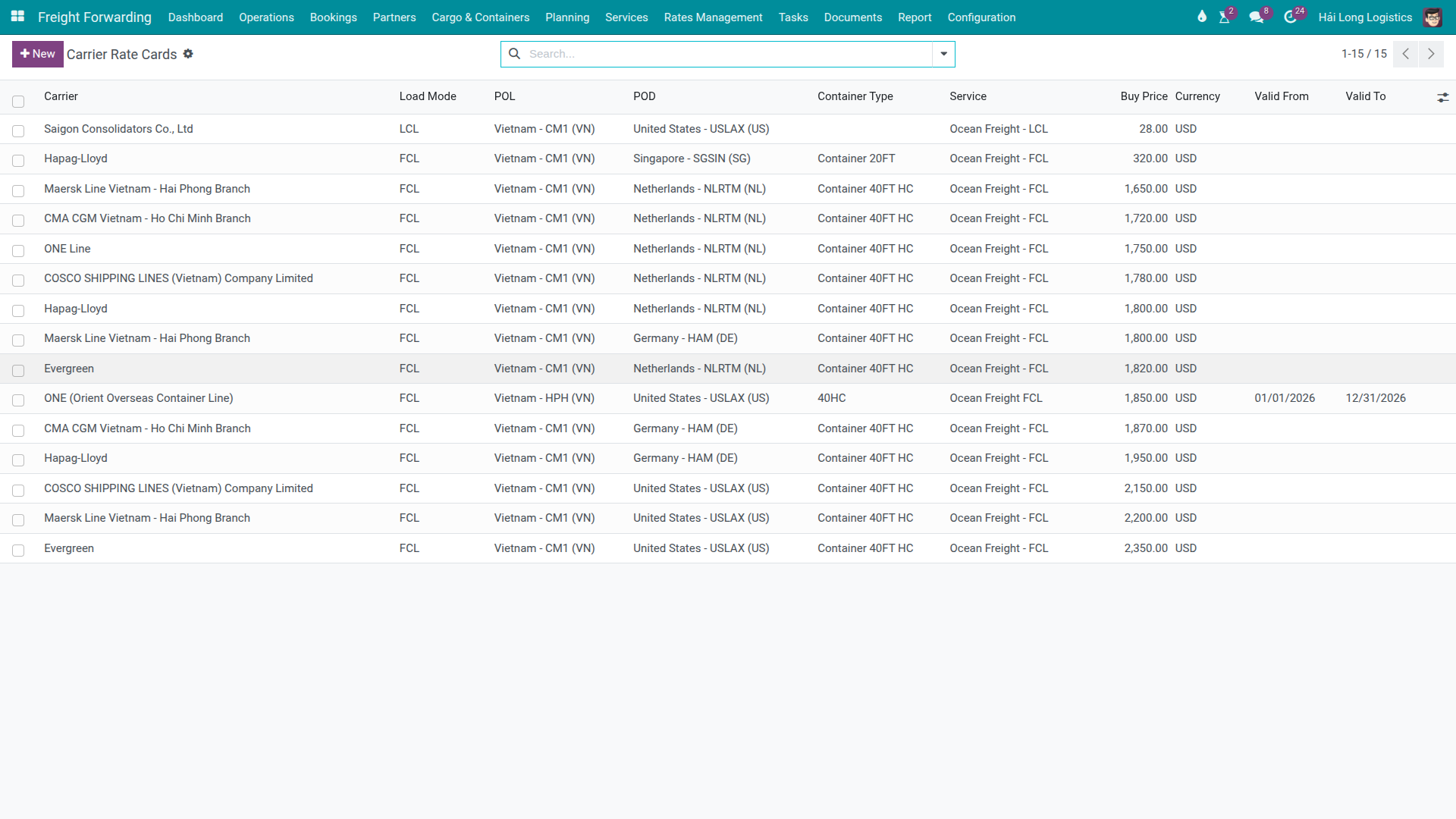 Carrier Rates list showing multiple carriers, lanes, container types, currencies, and validity ranges.