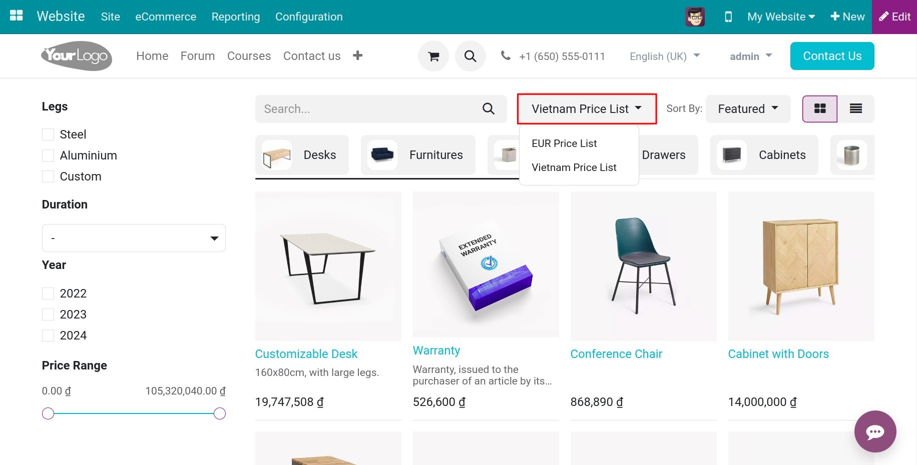 Select a pricelist on the website