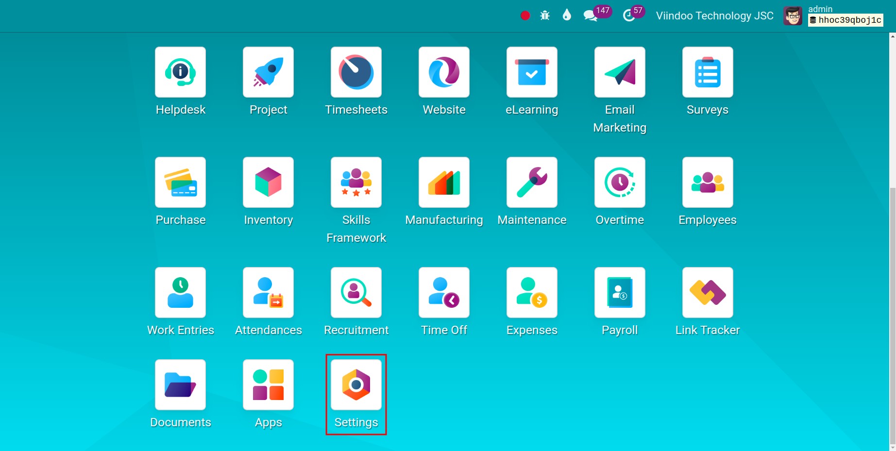 Viindoo interface of Settings