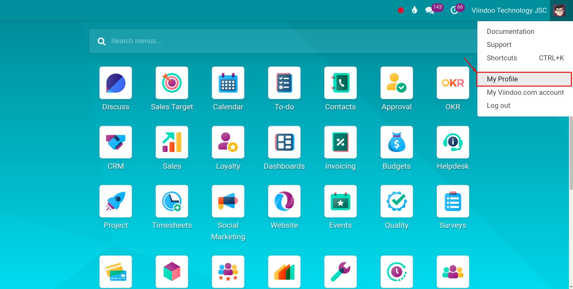 Open the private setting menu to access My Profile in Viindoo