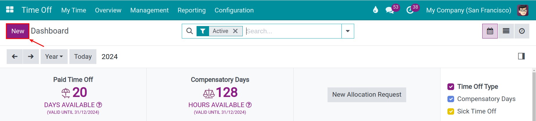 Create time off requests in the Dashboard in Viindoo Time Off management application