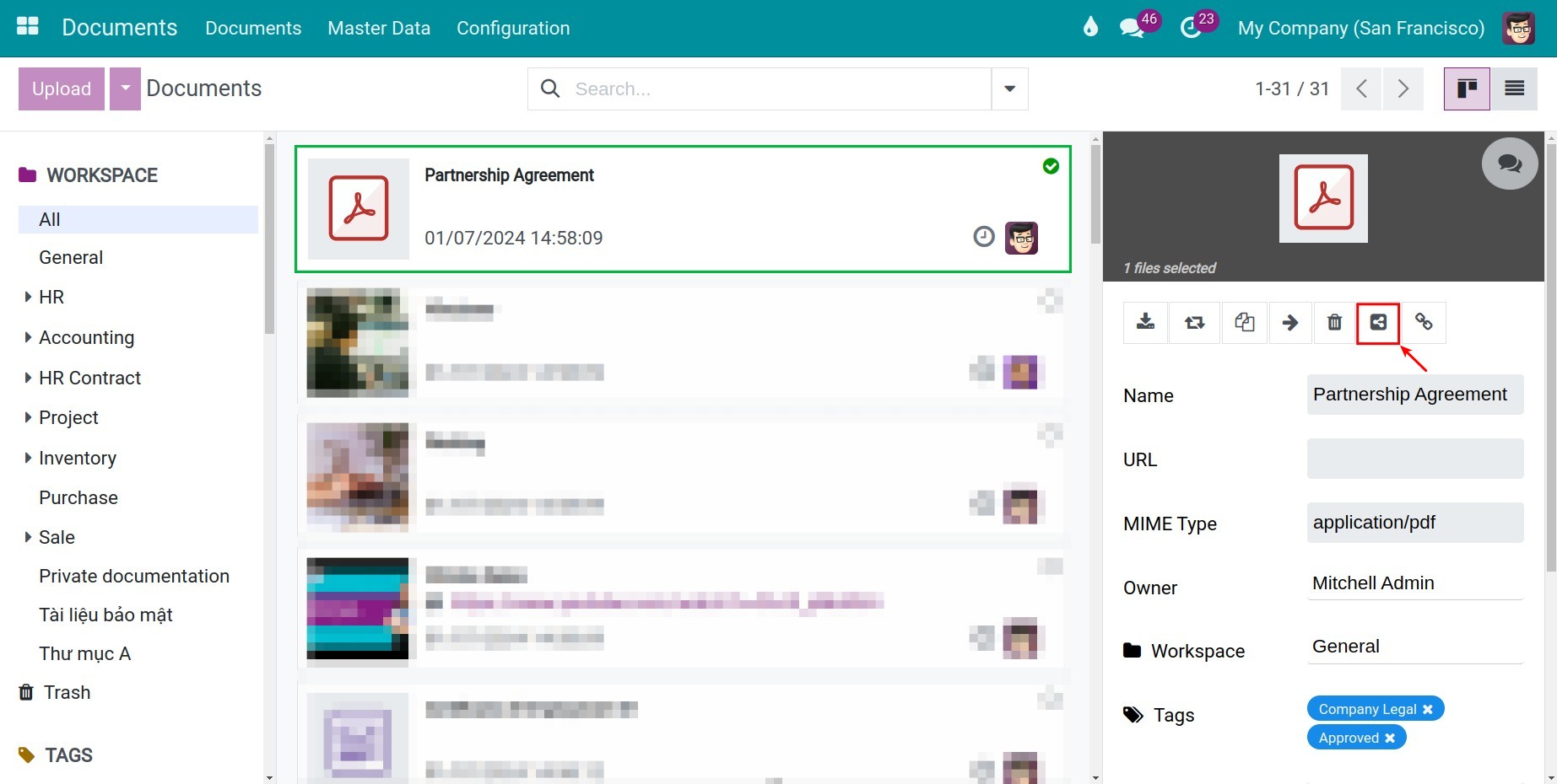 Sharing documents button on Viindoo