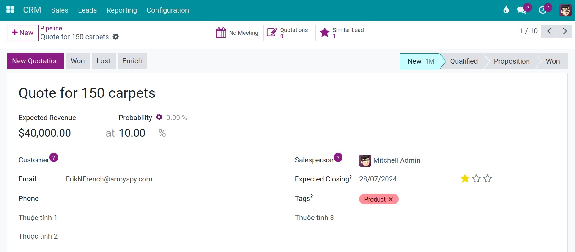 Create a new quotation from an Opportunity in the Viindoo CRM app